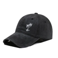 Washed black denim baseball cap with white embroidered palm tree for sun protection - One Size / Black