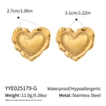 Detail showing 18K gold-plated stainless steel heart earrings with hammered texture and size marks - Gold Heart Hammered Style (YYE025179-G)