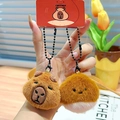 Plush Capybara and Chestnut keychains with black bead chains and red product tags - Capybara & Chestnut Set