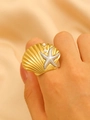 Golden shell ring with silver starfish and pearls, elegant ocean style jewelry - Shell Starfish Ring (1941)