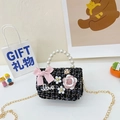 Black tweed handbag with pink bow, pearl handle, and metal chain for girls - Small Black