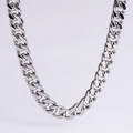 Close-up of highly polished silver stainless steel Cuban chain necklace links - 9.5mm Steel Color