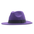 Classic purple wool felt fedora hat with elegant black decorative ribbon band - M (56-58cm) / Purple