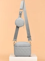 Light gray quilted PU leather crossbody bag with wide webbing strap and round coin purse - Gray