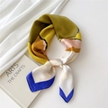 Elegant mustard and olive silk scarf with abstract pattern and blue contrast hem - Stones