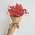 Close-up of mini red dried flowers bouquet wrapped in vintage kraft paper with twine - Vintage Mini Watermelon Red Gypsophila