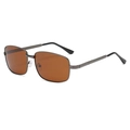 Detail view of men's square polarized sunglasses with gunmetal frame and brown lenses - Single Bridge Tea Lens