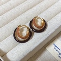 Detailed view of vintage double-layer resin leopard earrings with gold-plated metal base - 5# Hoop Double Loop Brown