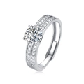 Silver adjustable moissanite ring with six-prong setting and pavé set band side view - Adjustable Open / Silver Double Row Fine Stone Style (R10772-6.5mm/1 Carat)