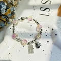 Silver bracelet with pink cracked glass beads, abacus and cat charms on a tray - S062-purple Cat Abacus Bracelet #sz514