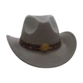 Vintage light grey wool fedora hat with embossed brown leather band and star buckle - One Size / Gray