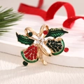 Christmas brooch with twin bells and green enamel leaves with sparkling rhinestones - Rhinestone Bow Double Bell Style (BR0011)