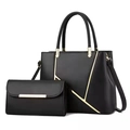 Elegant black faux leather tote bag set with matching wallet and gold hardware details - Black