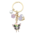 Gold keychain featuring a purple flower, heart, pearl, and tulip butterfly charms - Purple Heart Flower (ER722)