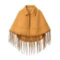 Fashionable mustard yellow faux suede poncho for women featuring a stylish tassel fringe hem - S / Orange