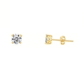 Detailed side and front view of gold-plated silver round zircon stud earrings with butterfly back - 4mm / Gold