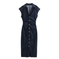 Dunkelblaues ärmelloses Denim-Midikleid mit durchgehender Knopfleiste und Taillierung - XS / Denim-Blau