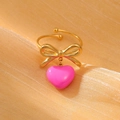 Golden bow ring with pink heart pendant on silk, adjustable stainless steel jewelry - Bright Pink Style