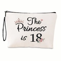 Detail of canvas makeup bag with The Princess is 18 print and black zipper strap - The Princess is 18 Print
