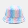 Close-up of rainbow striped faux fur fisherman hat with soft macaron plush texture - 5# Pink Blue Purple