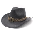 Classic black woven western cowboy straw hat with vintage embroidered band and gemstone - M (56-58cm) / Black