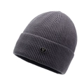 Deep grey knit beanie with vertical ribbing and oval metal logo badge for autumn - One Size / Dark Gray
