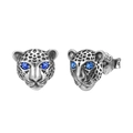 Retro S925 sterling silver leopard head stud earrings with sparkling blue gem eyes - Vintage Silver Leopard Blue Stone Studs (SE406)