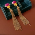 Detail of vintage gold tassel earrings with ruby red and orange oval gemstones in a box - 19# Silver Pin-Gold-Purple Long Tassel