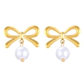Close-up of golden bow earrings with white pearl pendants on a clean white background - 18K Gold Plated Bow Pearl Stud Earrings (K-323)