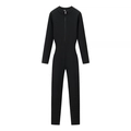 Slim fit black ribbed knit long sleeve jumpsuit with front zipper and stand collar - S / Top And Bottom / Black