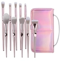 Set de 10 pinceaux de maquillage or rose avec une trousse de transport rose holographique - 10 Pinceaux à Manche Rose + Sac Pliant