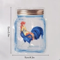 Detailed view of colorful rooster decal inside mason jar outline with dimensions 15cm x 11cm - RPS100: Blue Rooster Jar