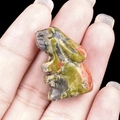 Mini natural crystal agate rabbit figurine with unique green and orange patterns - Unakite