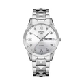 Classic silver quartz watch for men with date-day display and white rhinestone dial - Silver White Dial