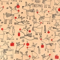 Brown kraft Christmas wrapping paper roll with reindeer, trees and red gift boxes pattern - Linear Deer / 43cmx3m