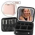 Pink quilted PU leather makeup case with LED mirror and adjustable dividers in variant view - Quilted Pink [LED Light]
