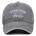 Close-up of Limited Edition 1995 white embroidery on washed grey cotton baseball cap - Adjustable / Gray
