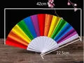 Rainbow folding hand fan for dancing, 42cm wide vibrant silk fabric with white ribs - Rainbow Fan Vertical White
