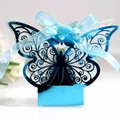 Metallic blue laser cut butterfly favor box with elegant light blue organza ribbon bow - Reflective Blue