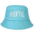 Detailed close-up of white mimi letter embroidery on light blue cotton bucket hat - Adjustable / Lake Blue