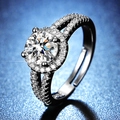 Detail shot of round brilliant cut moissanite ring with halo and double row band - Y120 Double Row Cross Halo