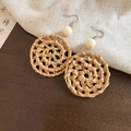 Ethnic rattan woven round drop earrings with beige bead and silver ear hooks - 35# Ear Hook - Coffee - Round