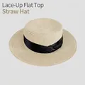 Flat top straw sun hat with black ribbon band elegant vacation style for women - D-582 Beige With Black Belt / M (56-58cm)