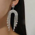 Elegant silver tassel earrings with sparkling rhinestones in a luxurious long U-shape - Silver U-shape Fringe Exaggerated Style