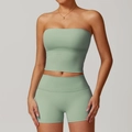 Dames yoga set in muntgroen met een strakke cropped top en high-waisted fitness short sport - 8793 Vest + 8519 Shorts Basilicumgroen / S