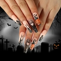 Halloween kunstnagels met zwarte patronen van pompoen, vleermuis en spinnenwebben - Halloween Thema Lange Ballet Stijl (JP2506)