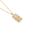 Gold rectangular necklace featuring embossed rainbow, clouds and lightning on white background - Rainbow & Lightning