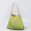 Minimalist grass green woven tote bag with brown leather straps in triangular shape - 42*10*32cm / Light Green