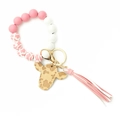 Pink and white beaded keychain with cow head charm and tassel for western style - Pink Cow Pattern