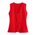 Detailed view of red knitted tank top featuring V-neckline and decorative gold buttons - S / Red
